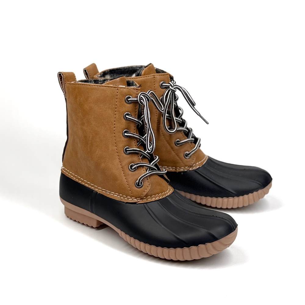 Report Upton Faux Leather Duck Boots Tan Black Size 5 Wool Blend Plaid Lace Up